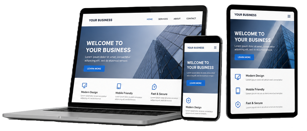 Website and mobile app displayed on laptop, phone, and tablet